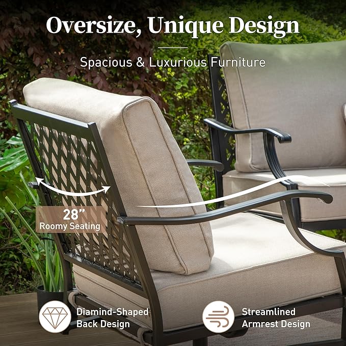 Patio Furniture Set, Modern Metal Outdoor Patio Furniture, 3 Seater Sofa, 2 Rocking Chairs, 2 Ottomans and 5.75" Extra Thick Cushion, Patio Conversation Set for Garden Backyard Deck