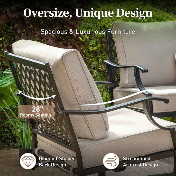 SUNSHINE VALLEY Patio Furniture Set with Firepit Table, Metal Outdoor Patio Furniture, 2 Single Chairs, 3 Seater Sofa, 2 Ottomans with 5.75" Extra Thick Cushion and Gas Firepit Table for Backyard Deck