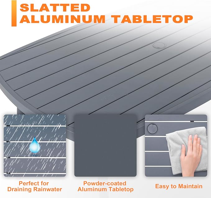 NUU GARDEN Outdoor Dining Table with 1.97" Umbrella Hole, All Weather Outdoor Patio Table, 6-Person Aluminum Rectangle Dining Table, Bistro Table for Garden, Poolside, Backyard, Grey