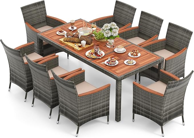 9 Pieces Outdoor Wicker Dining Set with Umbrella Hole, Patio Dining Furniture Set with Acacia Wood Table and Chairs, Garden Dining Table Set for Backyard, Desk, Poolside (Gray)