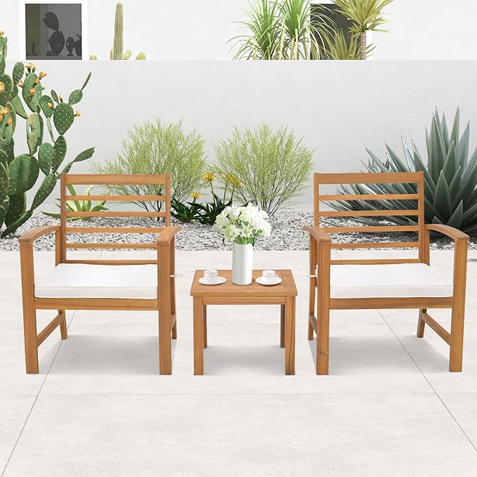 Tangkula 3 Pieces Outdoor Furniture Set, Acacia Wood Conversation Set with Soft Seat Cushions, Stable Acacia Wood Frame, Patio Sofa & Coffee Table Set for Backyard, Porch, Poolside (White)