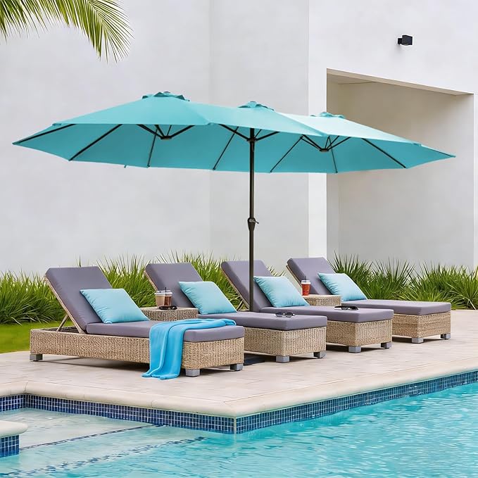 15FT Large Patio Umbrellas with Base Included, Outdoor Double-Sided Rectangle Big Market Umbrella with Stand, Outside Umbrellas for Poolside Lawn Backyard,Light Blue