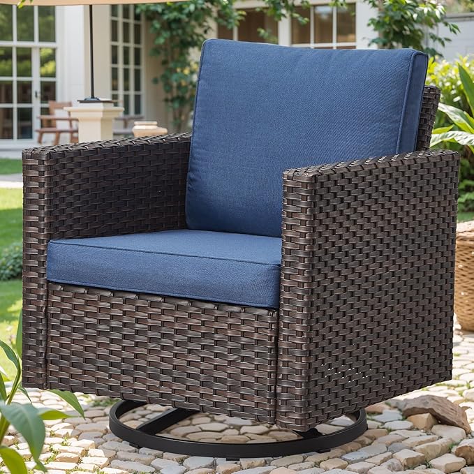 Outdoor Patio Swivel Rocker Chairs - Single Wicker Patio Swivel Rocking Chair with Waterproof Wicker,Comfortable Cushions and Sturdy Metal Frame for Outside Porch Deck Backyard(Brown/Blue/1PC)