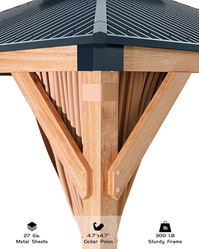 10'x10' Hardtop Wood Gazebo, Cedar Frame Outdoor Pavilion with Double Galvanized Steel Roof, Curtains and Netting Included, Ceiling Hook for Patio Backyard Deck Lawn Garden