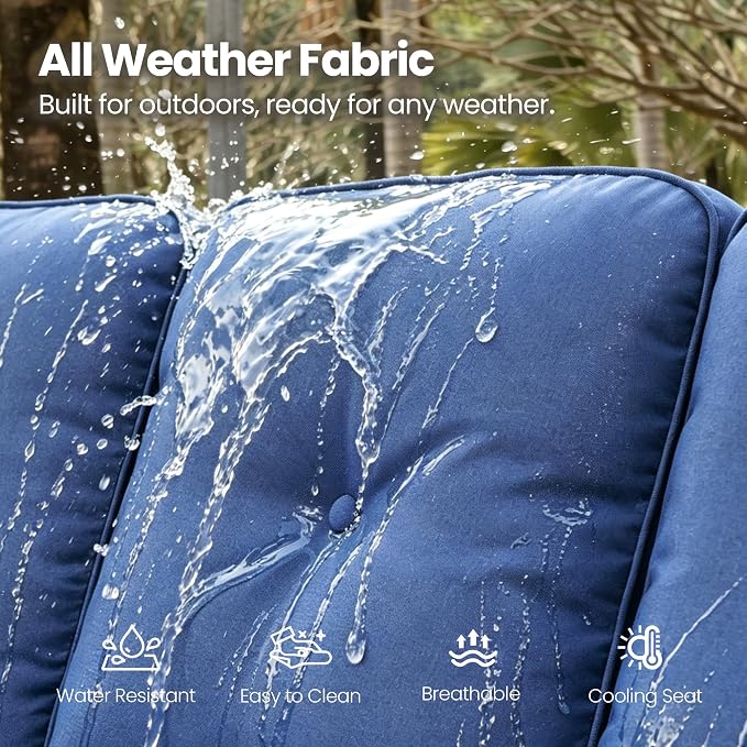 6 Piece Patio Furniture Set with Swivel Rocker Chairs, Outdoor Wicker High Back Sofa Glider Chair Ottoman with Cushion, All Weather Conversation Sets for Backyard Poolside Deck, Navy Blue