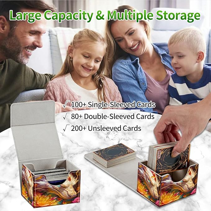 Card Deck Box for MTG, Cards Storage Box Fits 120+ Sleeved, Leather Small Size Strong Magnetic Closing Card Case for Board Games Magic TCG CCG Baseball Collection, Lotus White Dragon