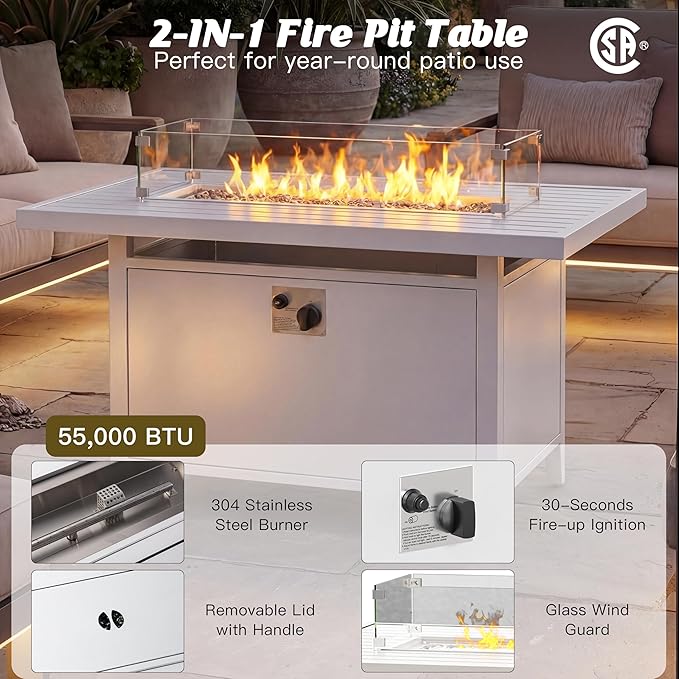 Aluminum Outdoor Patio Furniture Set with 43" Fire Pit Table, 7-Piece Outdoor Sectional with 5.2" Thick Cushions, Patio Conversation Sets for Backyard,(White,6 Seats)