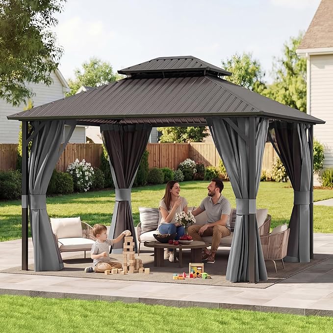 UDPATIO 10'x12' Hardtop Gazebo, Metal Gazebo with Galvanized Steel Double Roof, Permanent Patio Pavilion for Dining Parties, Grey