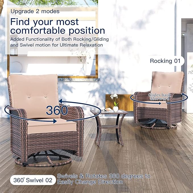 Kullavik 3 Pieces Patio Furniture Set,Outdoor Swivel Glider Rocking Chairs Set,Front Porch Furniture Patio Conversation Sets with Side Table for Balcony Deck Backyard,Sand