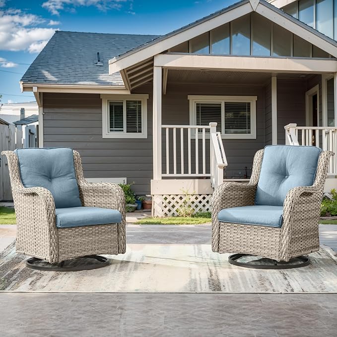 Outdoor Swivel Rocker Patio Chairs-Wicker Patio Swivel Chairs Set of 2 PE Rattan Patio Furniture for Porch Deck Balcony Garden-Light Grey/Light Blue