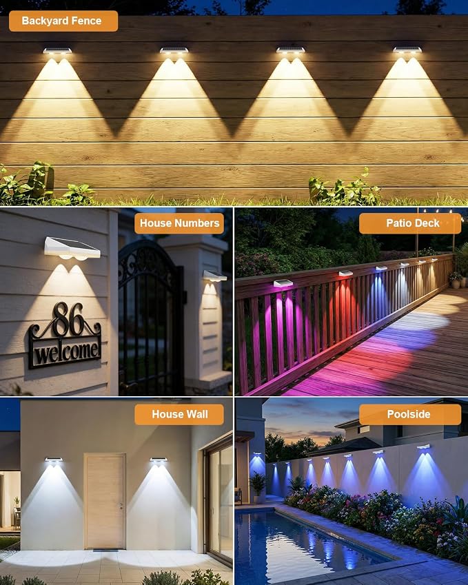 8 Pack Solar Fence Lights Outdoor ,Warm White + RGB 13 Color Mode Fence Lights Solar Powered with Ultra-Bright Lens IP65 Waterproof,Solar Wall Light for Backyard/Step/Patio/Deck/Stair/Railings(White)