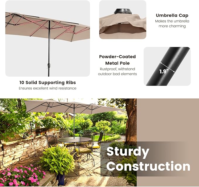 Tangkula 15 FT Double-Sided Patio Umbrella with Crank Handle, Vented Tops, Large Outdoor Rectangle Market Twin Umbrella with 10-Rib Metal Structure, Table Umbrella for Poolside Deck Lawn Garden