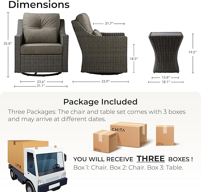 CHITA 3 Pieces Wicker Patio Bistro Set, Outdoor Furniture Set with 2 Pieces Rattan Rocking Swivel Chairs, Thickened Cushions and Side Table