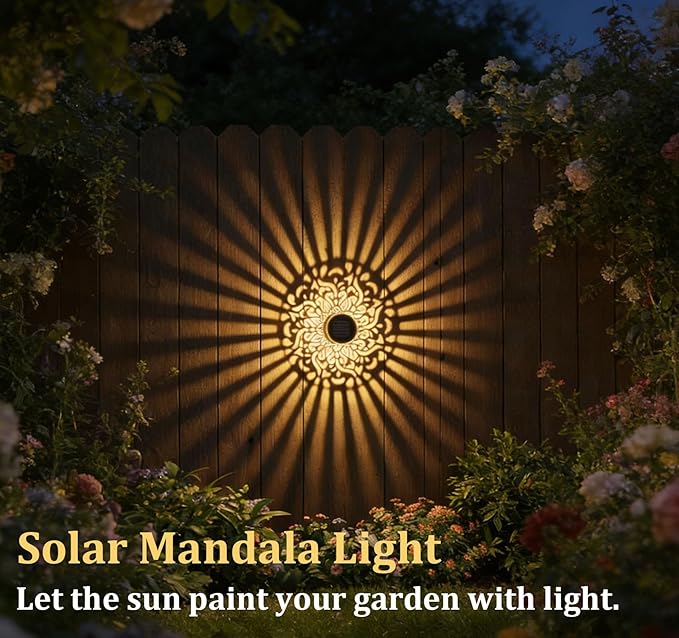 2Pcs Decorative Solar Mandala Lights, Metal Outdoor Waterproof Decorative Lights for Garden Patio Deck Steps, Solar Powered Wall Lantern for Yard Post & Front Door