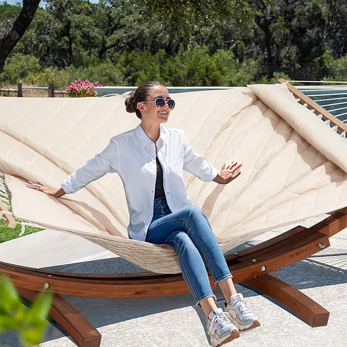 ANOW Heavy Duty Curved Wood Arc Stand with 2 Person Rope Hammock, 13.5FT Larch Wood Stand with 2 Chains, 4 Balance Ropes and 4 Carabiners, Includes Cream Hammock with Spreader Bars