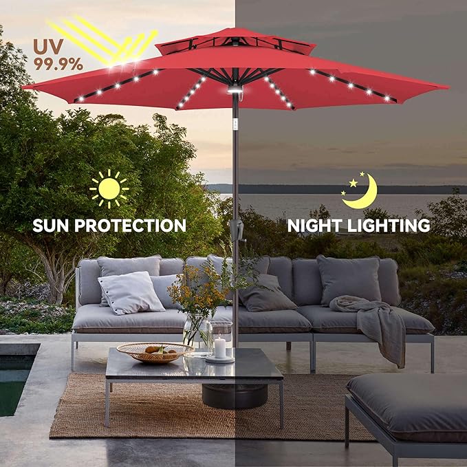9ft Solar Umbrella Outdoor - 2 Tiers Lighted Solar Patio Umbrella with 40 LED Lights Waterproof UV Protection, Table Umbrella with Tilt for Pool, Porch, Garden, Backyard (Red)
