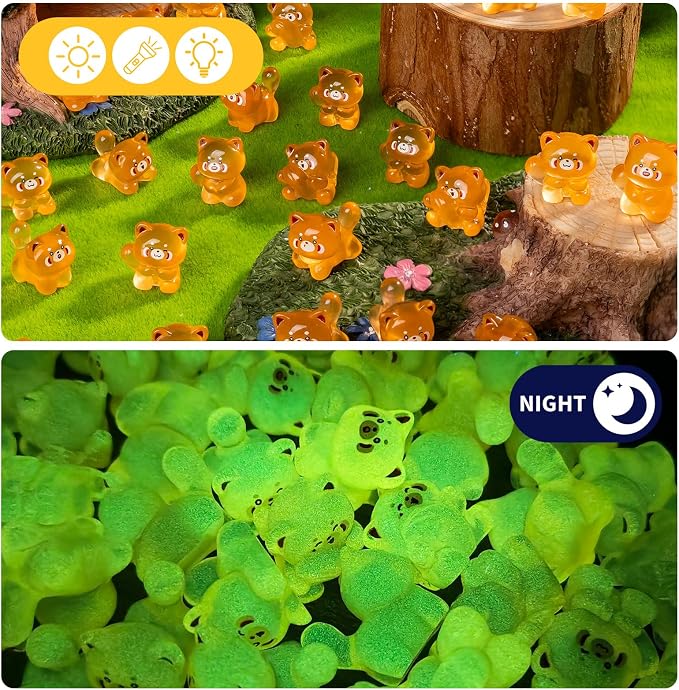 60 pcs Mini Resin Raccoon Many Styles Variety Tiny Luminous Animals Figures Miniature Little Small Animal Figurines Bulk for Micro Fairy Garden Landscape Accessories Hide Crafts Decor Aquarium