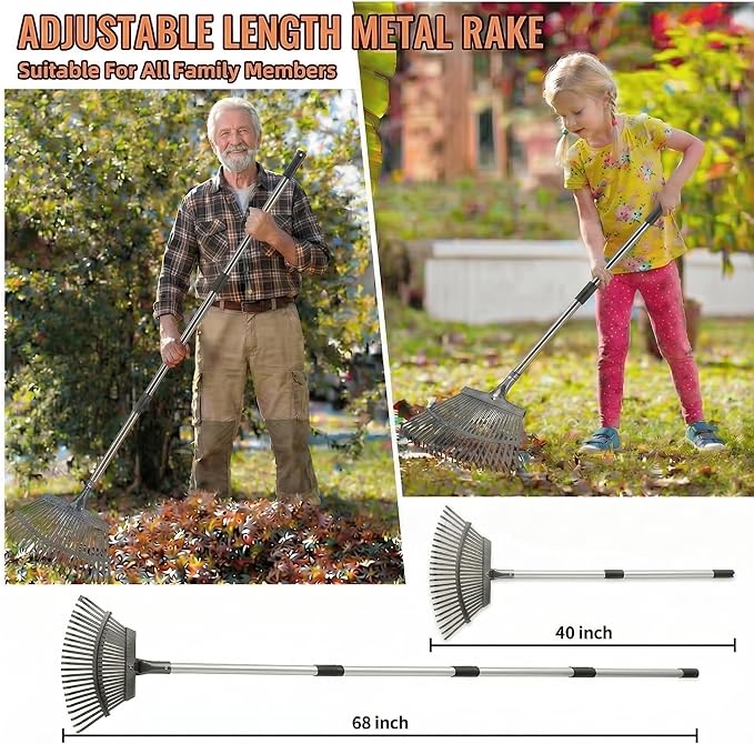 Heavy Duty Metal Bow Leaf Rake for Yard & Garden - 20" Wide Head with 25 Steel Teeth, 40-68" Adjustable Stainless Steel Handle, Rust-Resistant Garden Yard Rake for Leaves, Grass, Debris & Lawn Cleanup