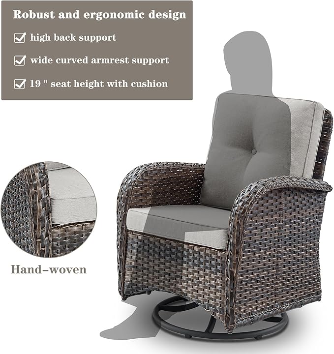 Belord Patio Wicker Chairs Swivel Rocker - Outdoor Swivel Rocking Chairs Set of 2 with Rattan Side Table, Patio Swivel Glider Chair 3 Piece Patio Furniture Sets for Deck Porch Pool Brown/Beige