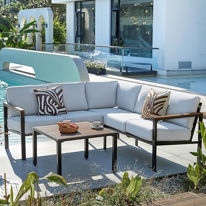 NATURAL EXPRESSIONS 6 Pieces Patio Furniture Set,Outdoor Patio Sectional Furniture Set Outdoor Couch Sofa Set with Anti-Scald Armrest &Tabletop,Ergonomic Design Highback,Thick Soft Cushions for Yard