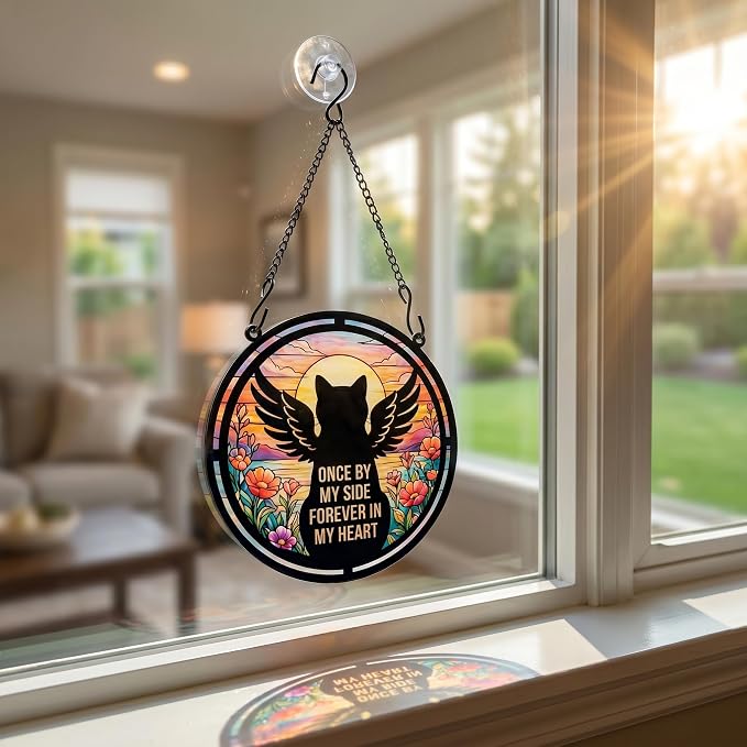 BamLue Cat Angle Memorial Suncatcher Window Hanging Decor, Loss of Cat Sympathy Sun Catchers Wall Art Gifts for Pet Lover