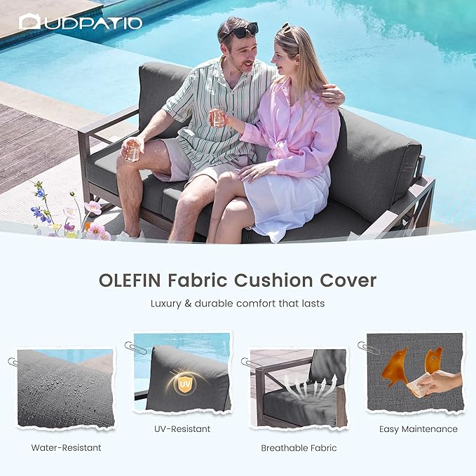 UDPATIO 5 Piece Aluminum Patio Furniture Set with Fire Pit Table,Faux Wood Patio Conversation Set with Olefin Fabric Thick Cushions, Aluminum Outdoor Furniture, 600D Waterproof Cover Included, Grey