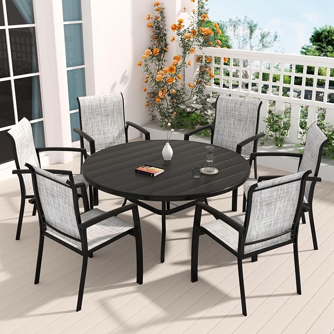 LUMISOL 7-Piece Outdoor Patio Dining Set, Patio Furniture Set with 4 Patio Stackable Dining Chairs and 40.6” Outdoor Metal Round Table, Black+Grey