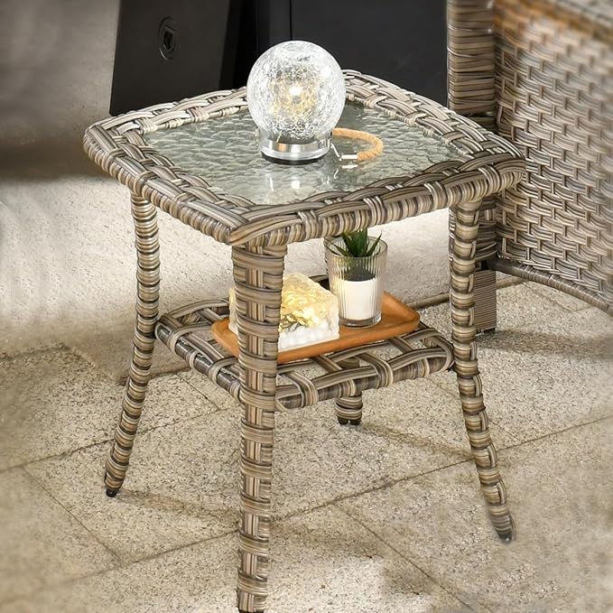 HOOOWOOO Outdoor Patio Side Table with 2 Layers,Wicker Coffee End Table Glass Top,Deck Table for Yard,Deck,Porch,Garden(Brown)