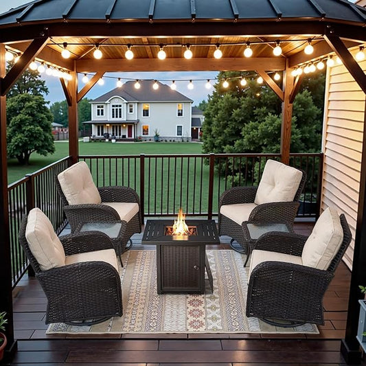 Belord 7 Piece Wicker Patio Furniture Set with 30" Fire Pit Table - Outdoor Swivel Rocker Chairs Set of 4 with Glass Side Tables Set of 2, Patio Conversation Set for Casual Gathering Black/Beige