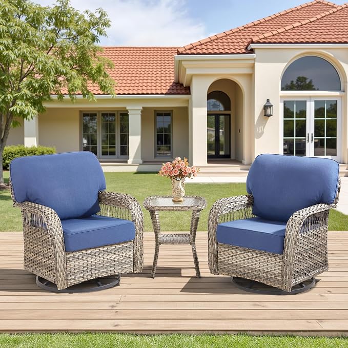 3 Pieces Patio Furniture Set with Swivel Chairs, All Weather Wicker Swivel Rocker Patio Chairs Rattan Side Table, High Back Outdoor Seating Furniture for Deck Porch Sunroom Backyard, Blue