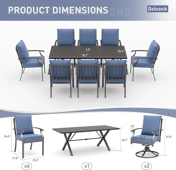 Kurapika 9 Pieces Patio Dining Set Outdoor Furniture with 8 Fixed Chairs, Metal Patio Furniture Set 8 Chairs and Large Table with Umbrella Cutout for Yard Porch, Navy Blue