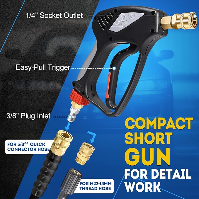 TOOLCY Pro Short Pressure Washer Gun 5000 PSI with 360° Swivel,3/8" Quick Connect Inlet, Power Washer Gun with 1/4" Quick Connect Outlet, Includes 3/8" QC to M22-14mm Adapter & 5 Nozzle Tips