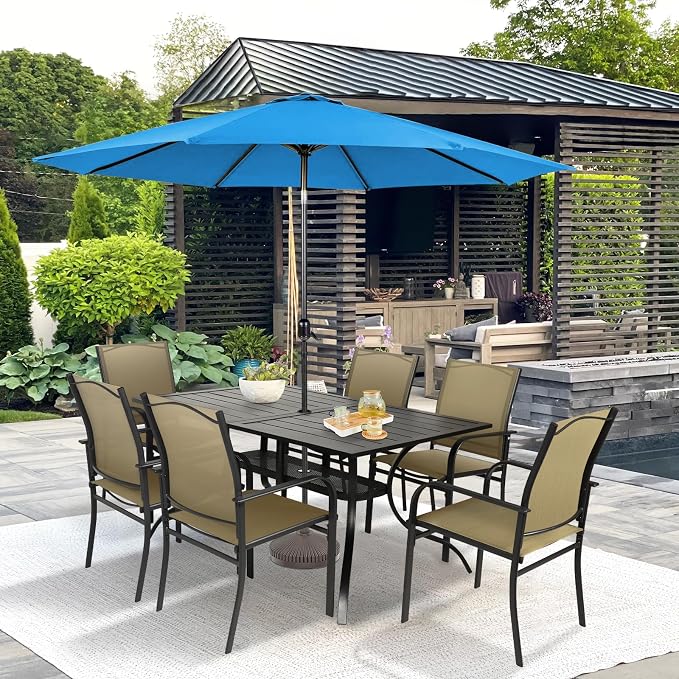 SUNCROWN 8 - Piece Outdoor Dining Set, Patio Furniture Set with 6 Textilene Dinning Chairs, 1 Rectangle Metal Table and 1 Sky Blue 9Ft Patio Umbrella for Lawn Garden Backyard Deck, Brown