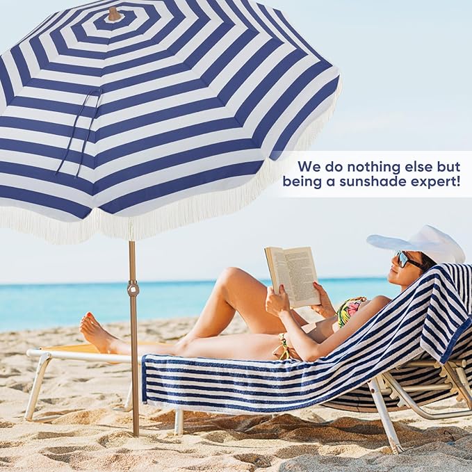 Tempera Heavy Duty High Wind Beach Umbrella with Sand Anchor & Carry Bag | Patio Outdoor Umbrella with Aluminum Frame and Push Button Tilt, Ideal for Travel Garden Lawn, UPF 60+
