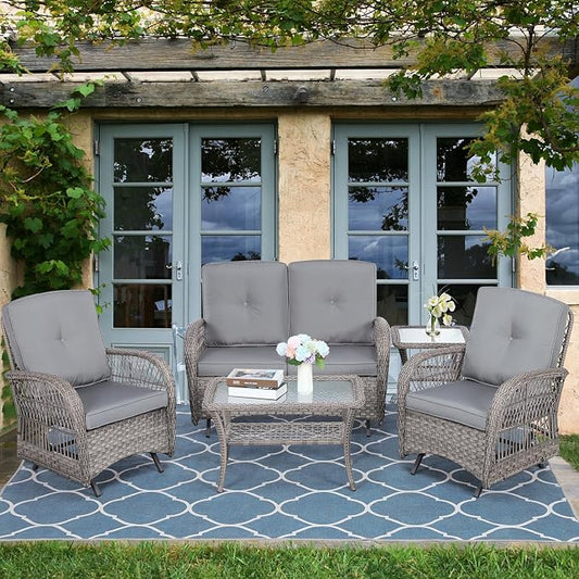 5-Piece Wicker Patio Furniture Sets Outdoor All-Weather Rattan Conversation Set Includes Glider Loveseat, 2 Glass-Top Coffee Tables, 2 Glider Rocker Chairs for Porch Backyard, Gray