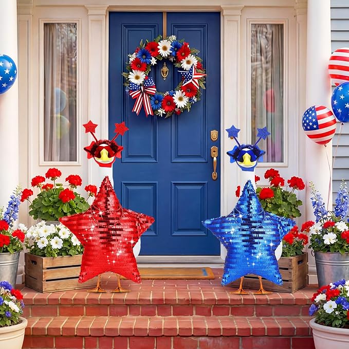 Abbylike 2 Set 4th of July Porch Goose Outfit 250th Red Blue Disco Sequin Star Yard Goose Costume Clothes Fits Large 23'' Cement for Independence Day American Patriotic Statue Patio Garden Art Decor