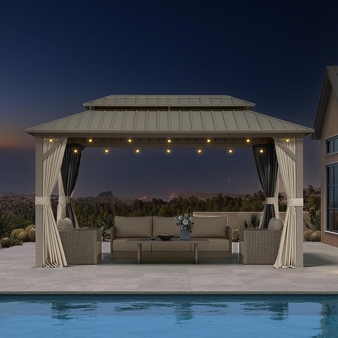 PURPLE LEAF 8' x 14' Outdoor Hardtop Gazebo, Champagne Metal Gazebo with Galvanized Steel Double Roof, Curtains and Netting for Patio Lawn and Garden