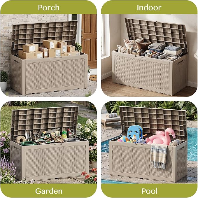 Waterproof Outdoor Storage Box Outside Deck Box Lockable Resin Bench UV Resistant Furniture Cushion Pool Tool Float Bin Patio Garden Porch (Grey, 120 Gallon)