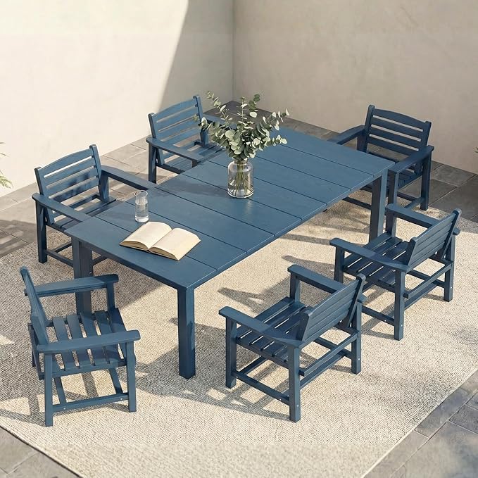 HDPE Outdoor Dining Set for 6, 7-Piece Outdoor Dining Table Set with 2" Umbrella Hole, Patio Table and Chairs Set with Aluminum Frame & Legs (Blue)