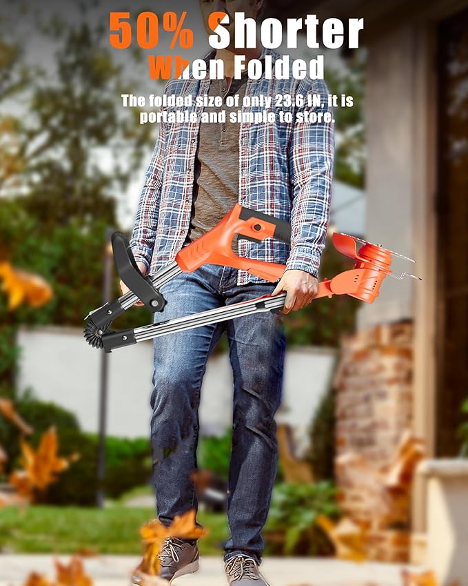 21V Cordless Weed Wacker, 2-in-1 Electric Weed Eater Battery Powered with Wheel and Blade, Stringless Grass Trimmer for Garden Yard, 90° Collapsible