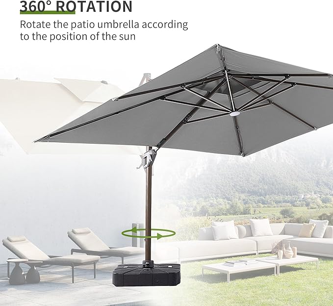 JZAC & QZYD 9x12 FT Outdoor Cantilever Patio Umbrella with Base Included and LED Lights, Large Heavy Duty 2-Tier Aluminum Offset Umbrellas with 360-Degree Rotation for Pool Deck, Grey