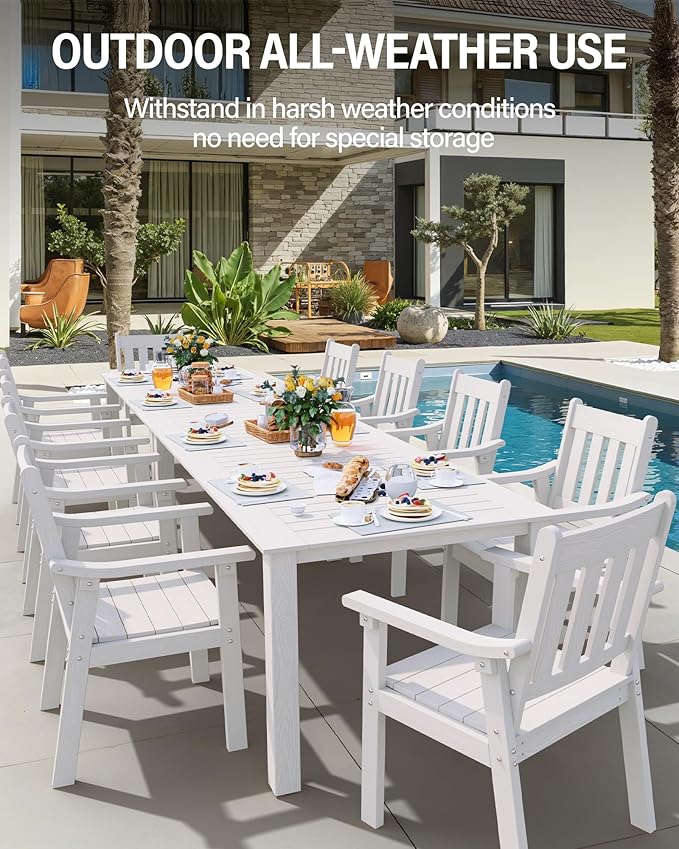 YEFU Outdoor Patio Dining Sets: All Weather 12 Piece Dining Table Set for 10 with Umbrella Hole & Aluminum Frame - Outdoor Furniture 2 Table and 10 Chairs for Outside Backyard/Porch/Deck White