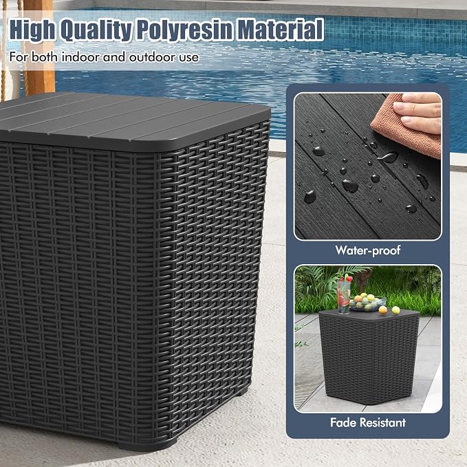 LDAILY 11.5 Gallon Outdoor Storage Box, Deck Box with Table Top & Stool, Resin Wicker Patio Side Table with Storage, Removable Lid, 330Lbs Capacity for Poolside, Balcony (Black)