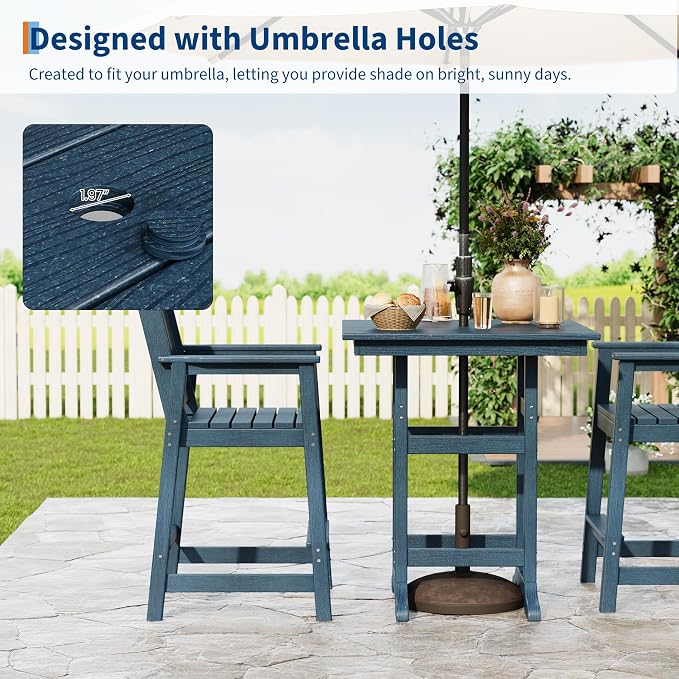 GarveeLife Outdoor Counter Height Bar Dining Table, HDPE Wood Grain Tall Bar Table – 39.6" High Square Pub Table, Cocktail Bistro Table Fits, for Patio, Garden, Poolside, Balcony & Yard (Navy Blue)