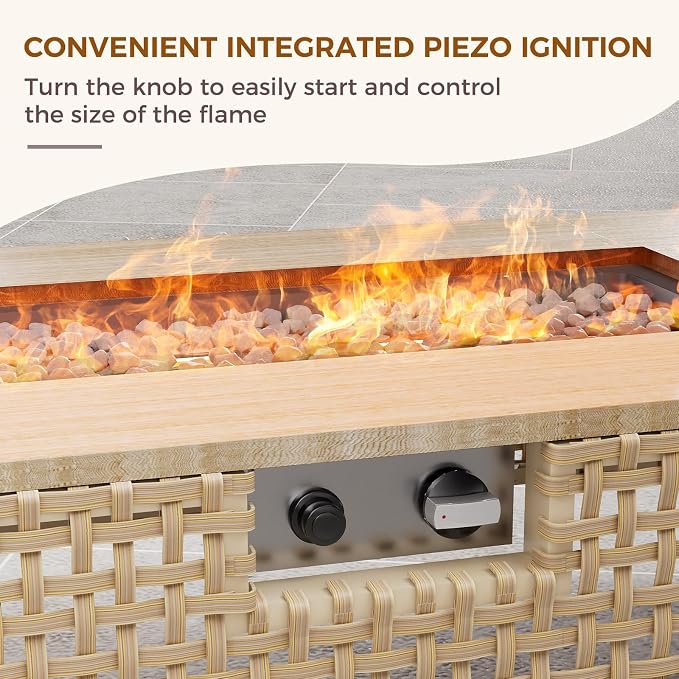 Grand patio 13-Piece Wicker Patio Furniture Set with 47" Fire Pit Table, Outdoor Conversation Set&50,000 BTU 47 Inch Rectangle Propane Fire Pit&Storage Box with Water Resistant Thick Cushions, Cream