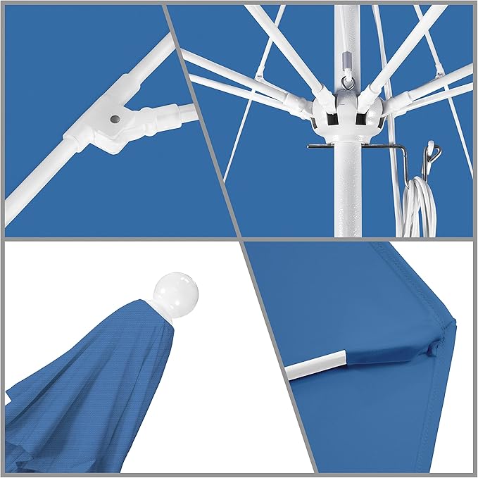 California Umbrella 9' Round Aluminum/Fiberglass Umbrella, Push Open, White Pole, Olefin Frost Blue Fabric