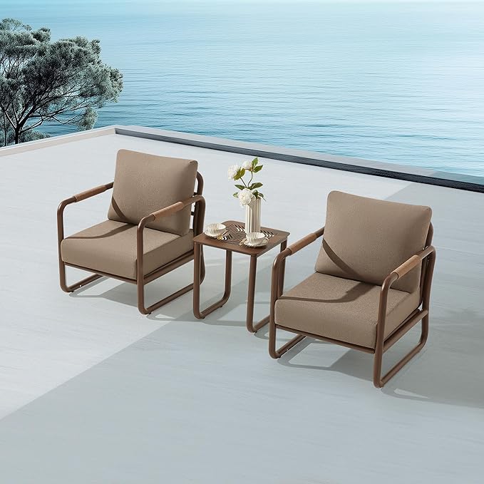 MBY Outdoor Aluminum Patio Furniture Set, 2-Seats Patio Conversation Sofa Set with Coffee Table and 6.7" Thickened Cushions, All Weather for Pool, Garden-Brown