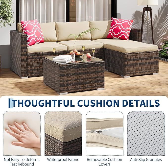 5-Piece Outdoor Sectional Sofa Set, All-Weather PE Rattan Patio Furniture with Ottoman & Tempered Glass Table, Convertible Garden Couch for Backyard, Porch, Poolside (Brown/Khaki)