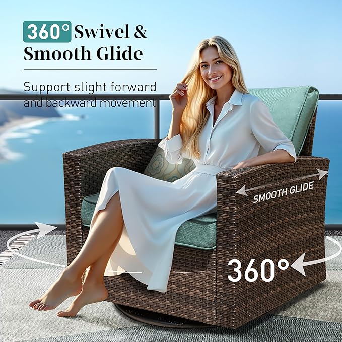 Swivel Glider Patio Furniture Set Outdoor Furniture Brown Wicker Rattan Patio Conversation Sets with Cushion Outside Sofa Set,5 Pieces with Rectangular Firepit Table,7 Seats,Blue