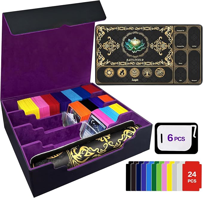 PROMAXIBINDER Trading Card Storage Box Fits 4000+ Cards, 4-Row MTG Commander Deck Case with Playmat, 6 Movable Partitions 24 Dividers PU Leather Magnetic Closure, Magic/TCG/YuGiOh/Sport (Black&Purple)